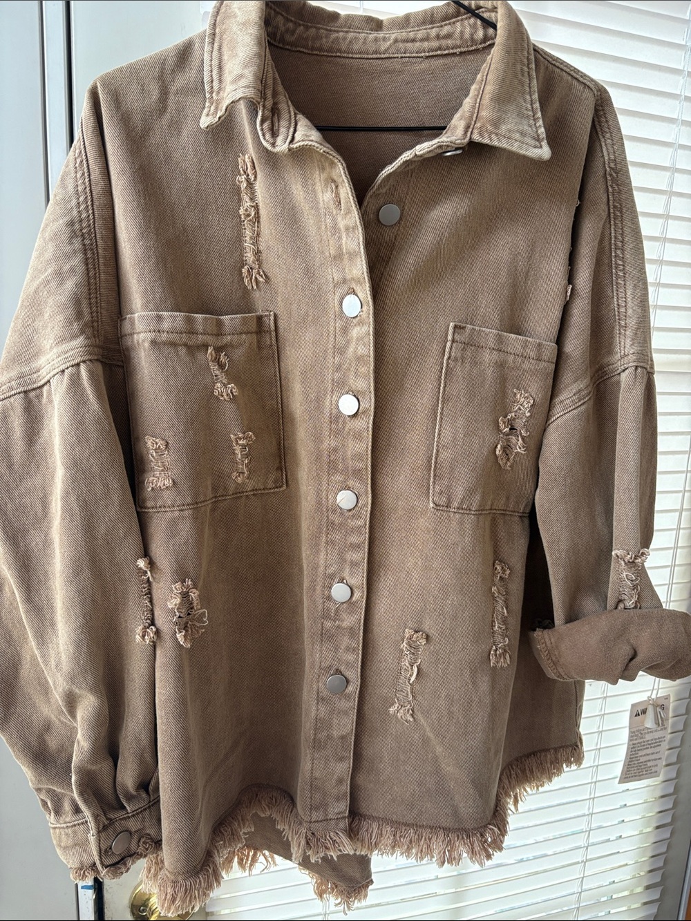 Amazon Womens Frayed Hem Distressed Tan Jean Jacket